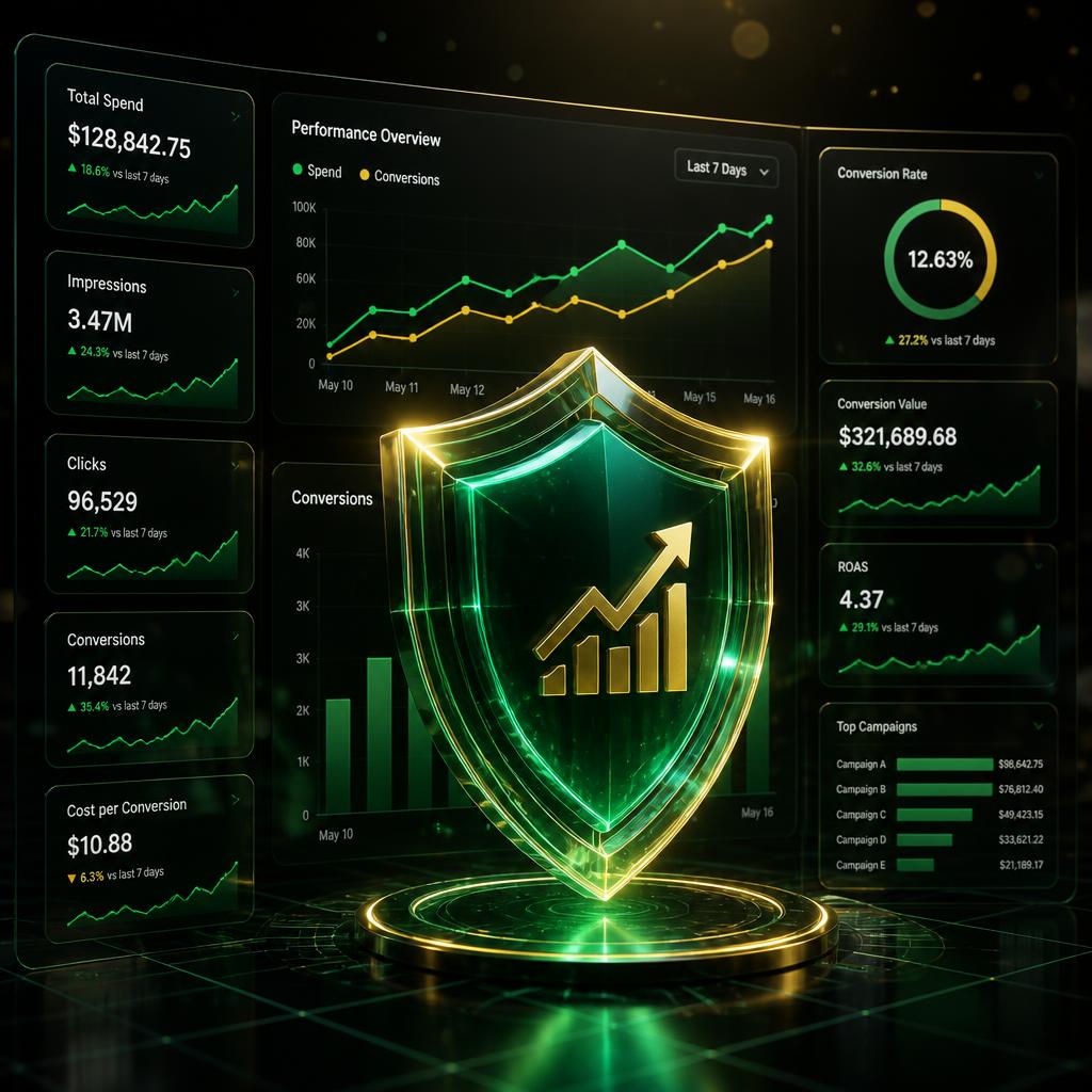 Painel de contas do Google Ads com resultados em alta protegido por escudo de contingência